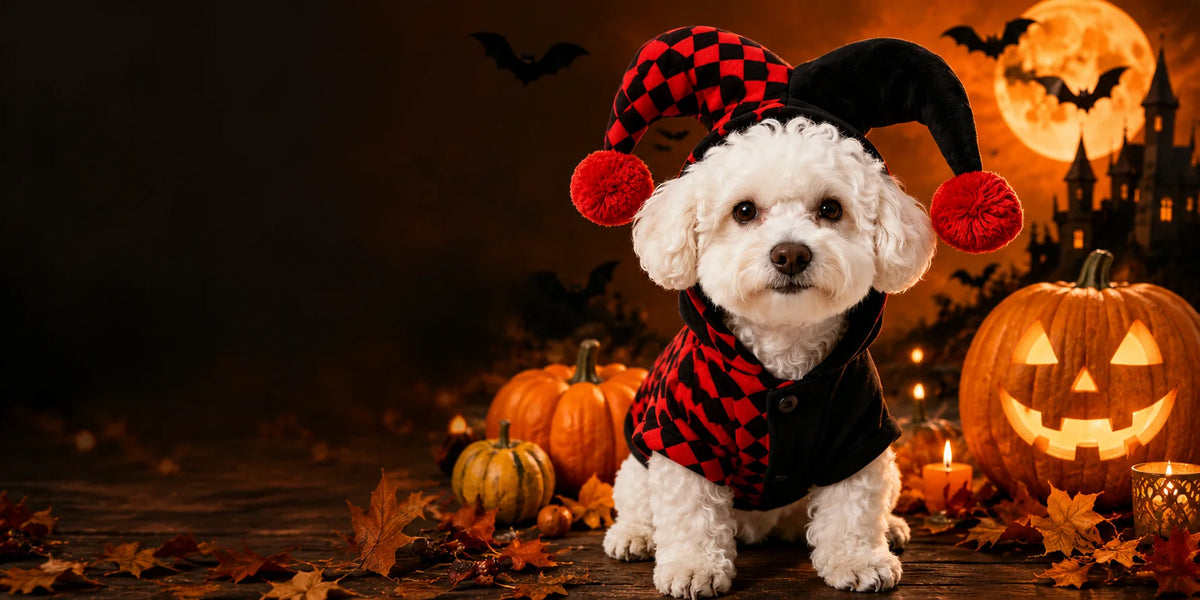 Small dog wearing a red and black Halloween costume beside glowing pumpkins.