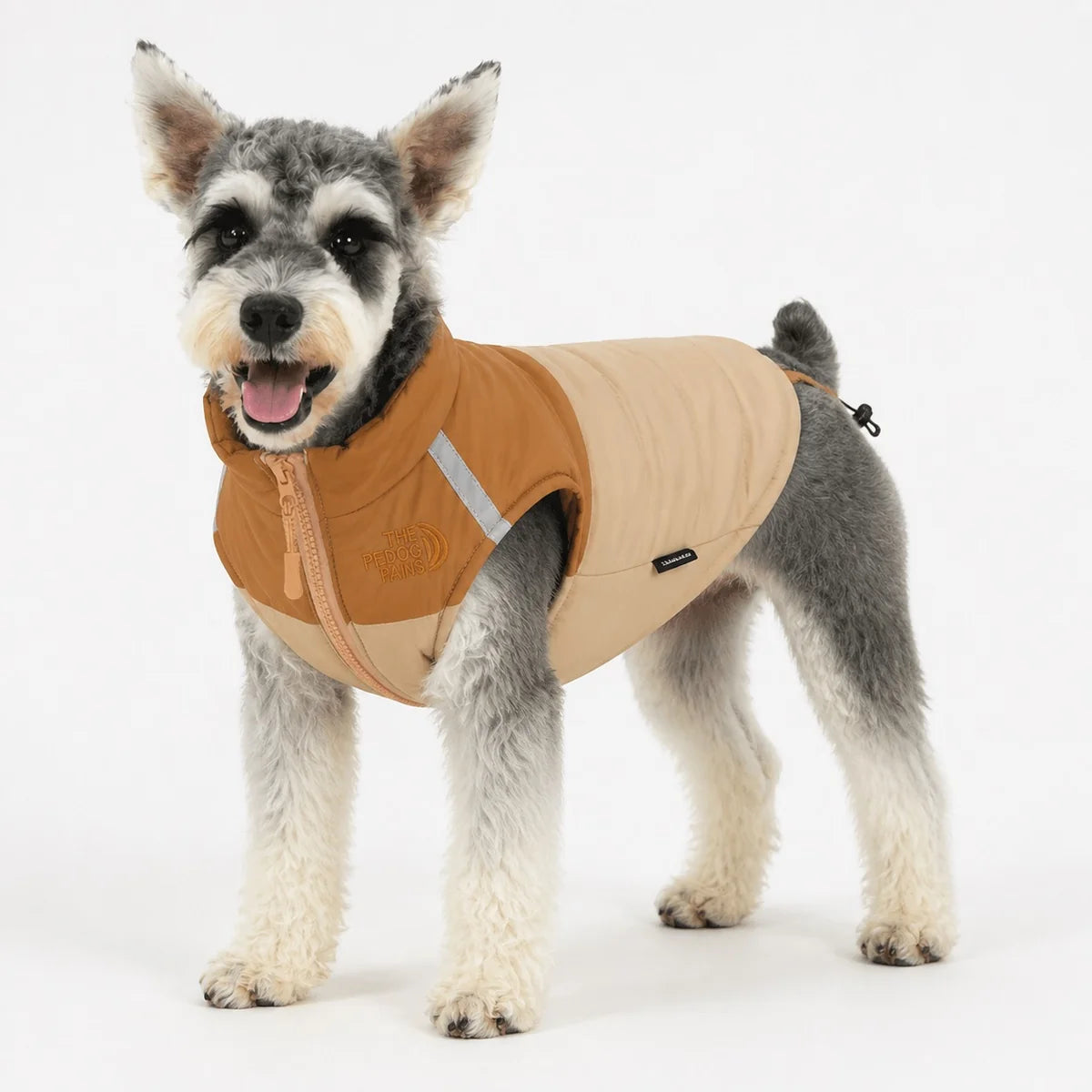 Brown water-resistant padded dog coat worn by a pet on a white background, image 1