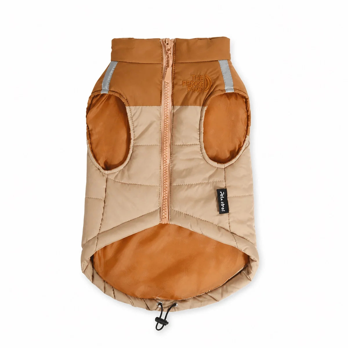 Brown water-resistant padded dog coat shown alone on a white background, image 2