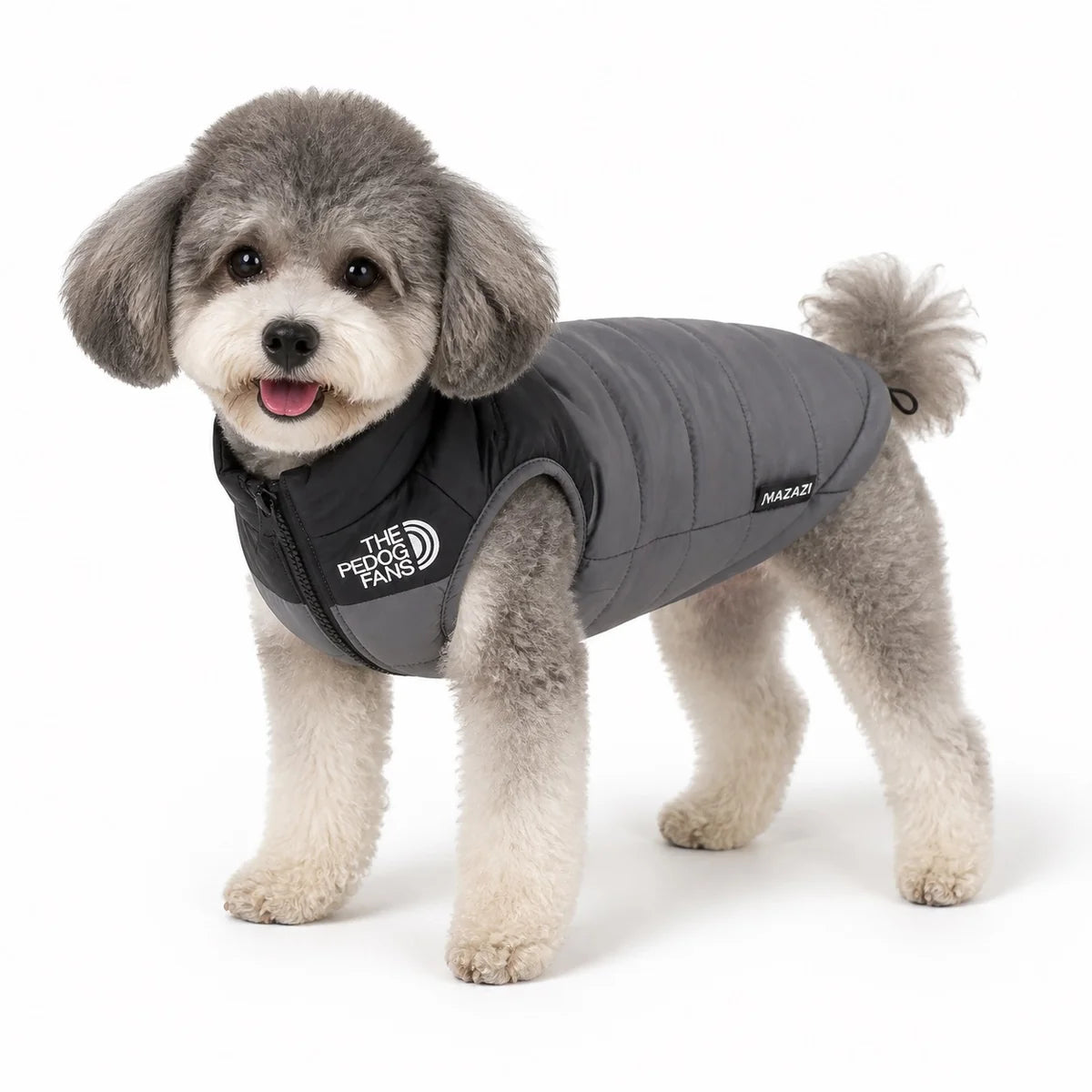 Gray water-resistant padded dog coat worn by a pet on a white background, image 3