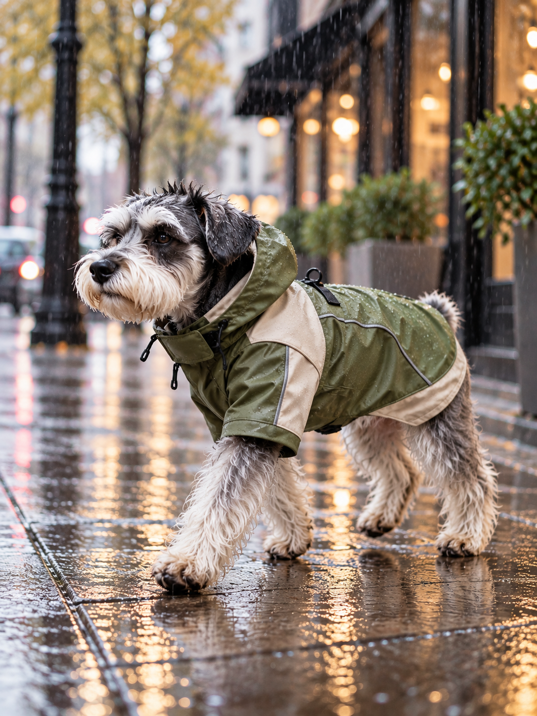 Small dog in a brown aviator jacket and goggles for WarmPawelle new arrivals.