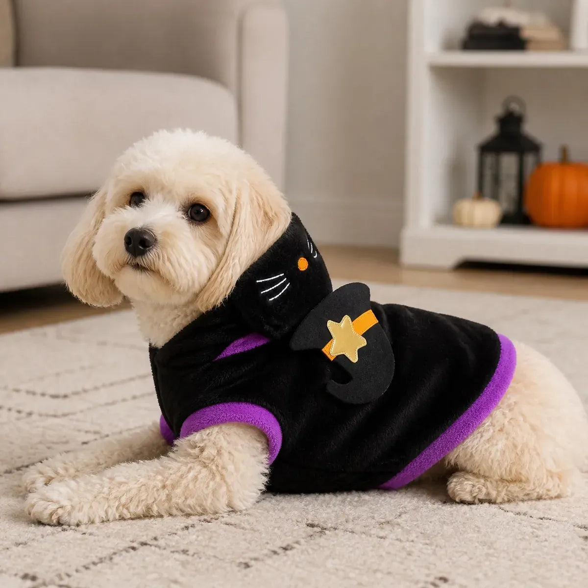 Small dog relaxing at home in a black witch cat costume