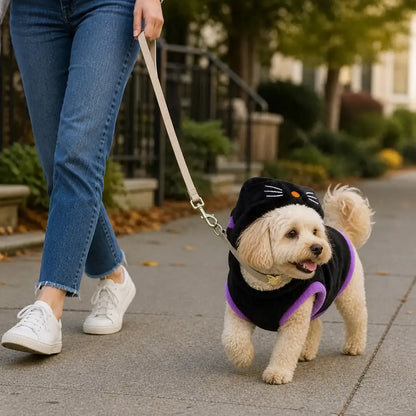 Owner walking a small dog in a black witch cat costume