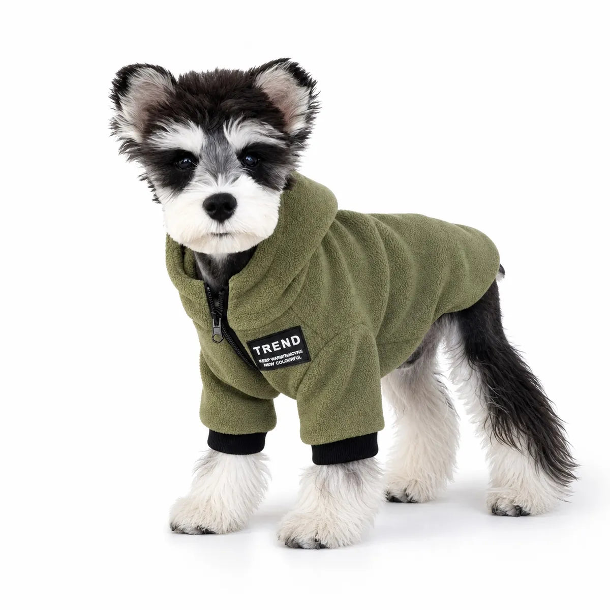 Olive Green zip-up fleece dog hoodie worn by a pet on a white background