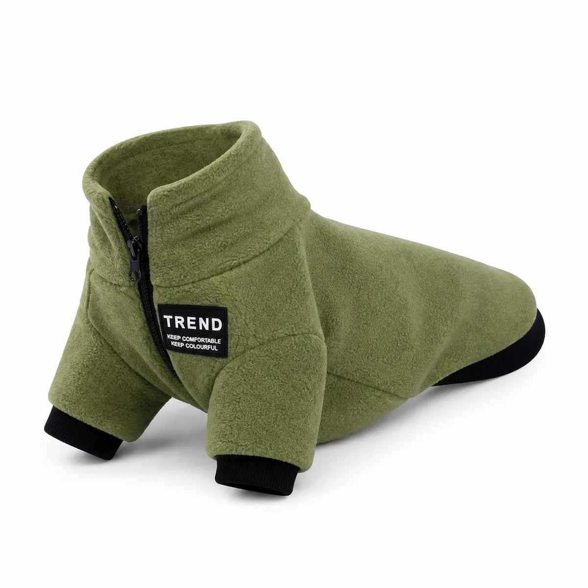 Olive Green zip-up fleece dog hoodie shown alone on a white background