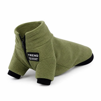 Olive Green zip-up fleece dog hoodie shown alone on a white background
