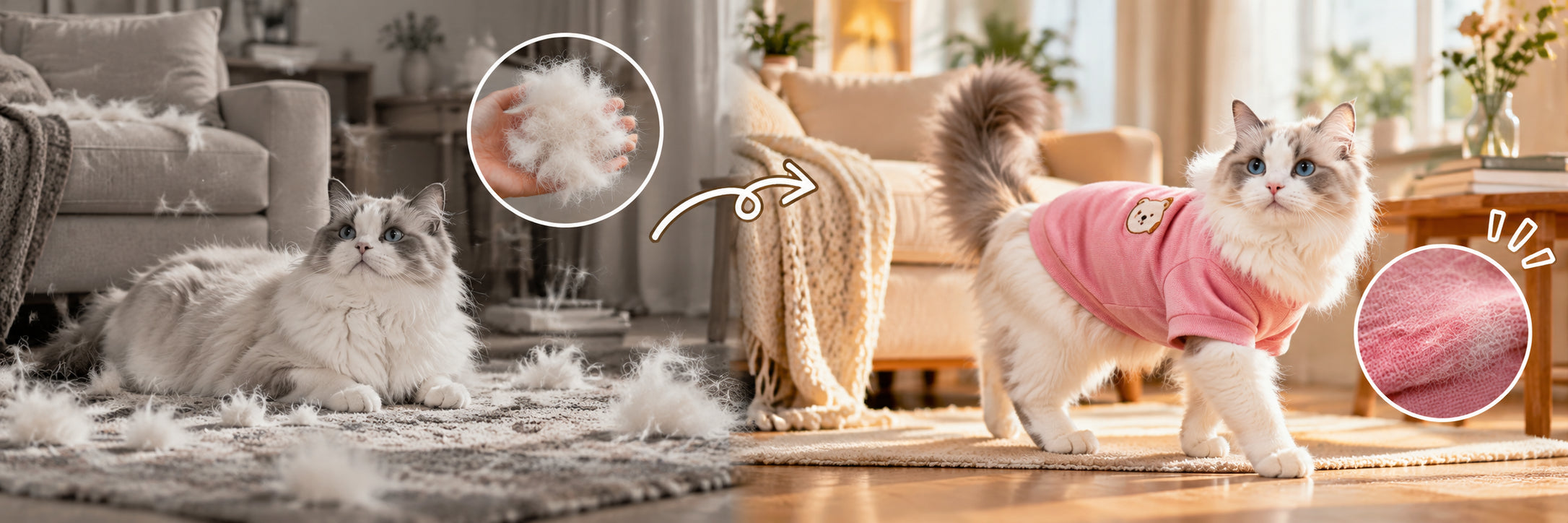 Two fluffy cats in a cozy home, showing the soft fibers and texture of a pink pet shirt.