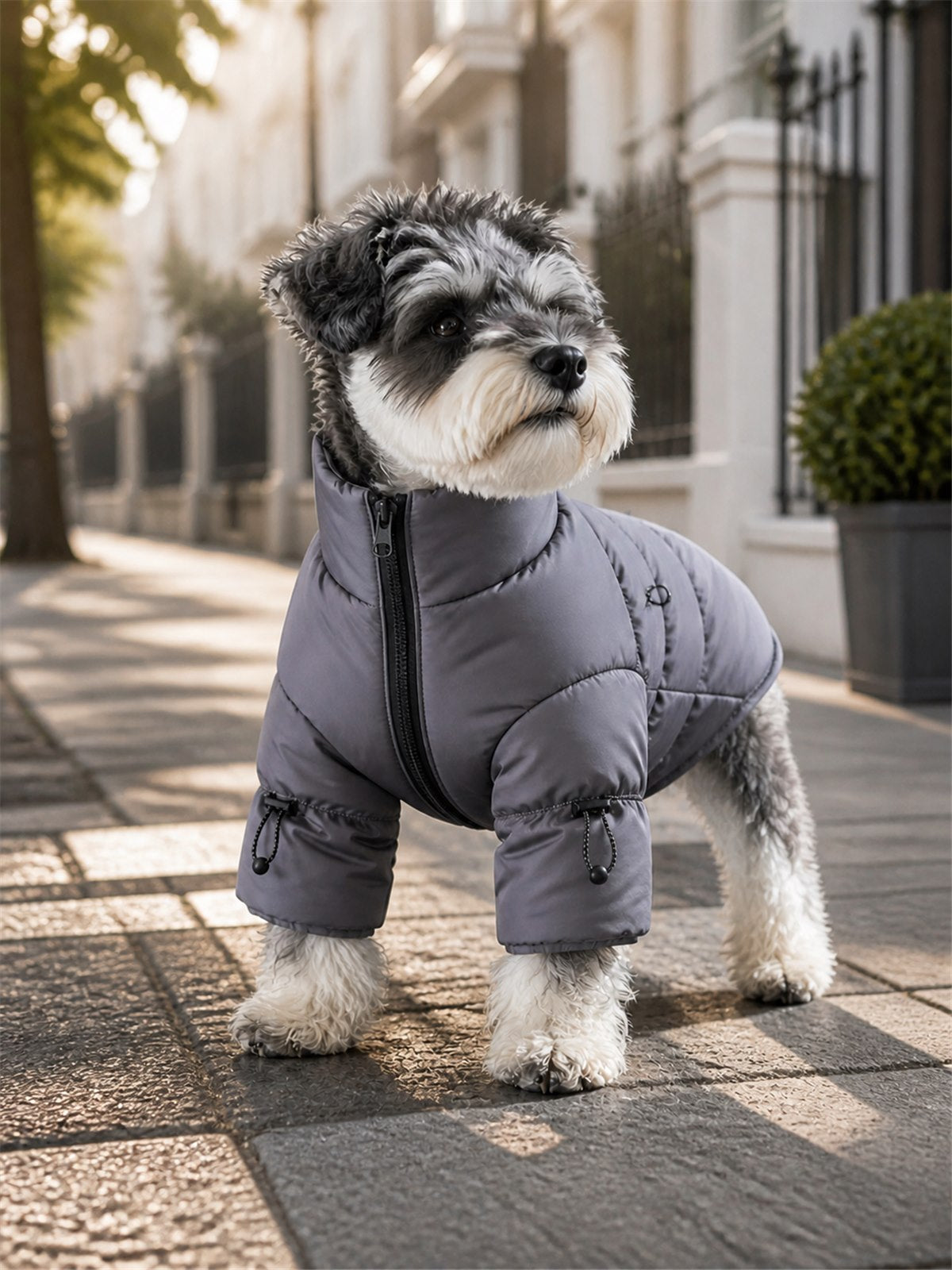 Dog wearing a WarmPawelle pet jacket